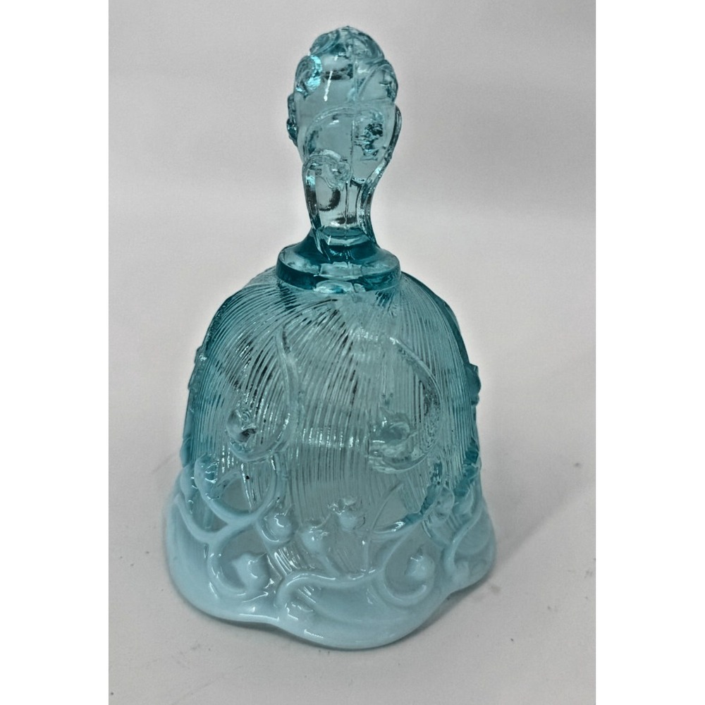 Fenton Blue Slag Glass Bell Embossed Floral Scroll Pattern Vintage Decorative